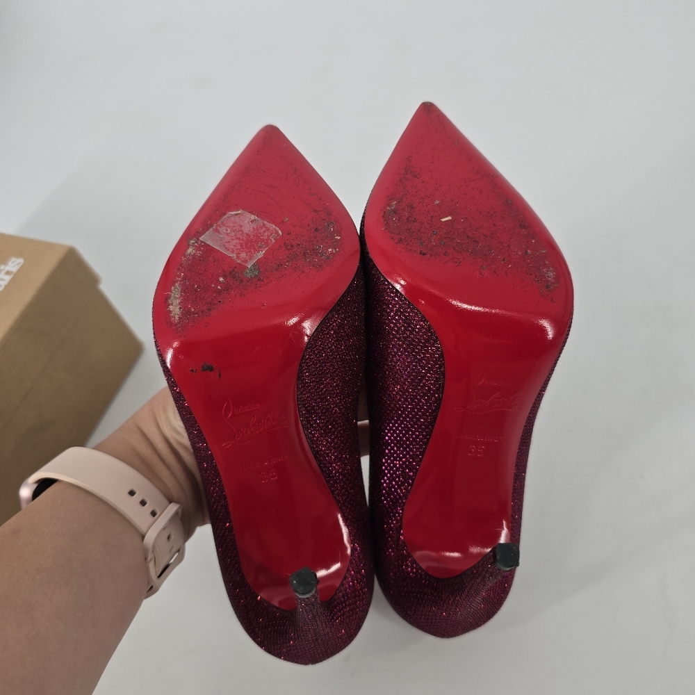 Christian Louboutin Coralta Mia 100 Pink Glitter Point Toe Pumps Size 35 Heart - Picture 8 of 13